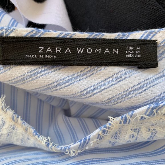 ZARA Striped Blue White Blouse Top Lace Detail - Picture 10 of 14